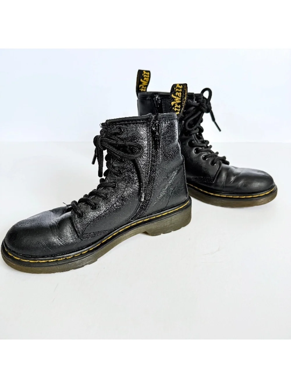 Doc Martens Kids 1460J Black Leather Side Zip Lace Up Combat Boots US2/UK1/EU33